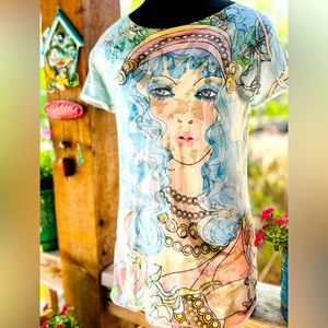 Awake Couture Artistic Mystical Ethereal Print Burnout Sheer Tissue Crew T Shirt